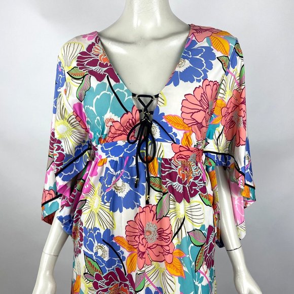 Trina Turk Floral Tunic Swimsuit Cover Up Stretch 3/4 Sleeve Lace‎ Up V-neck - Picture 5 of 9